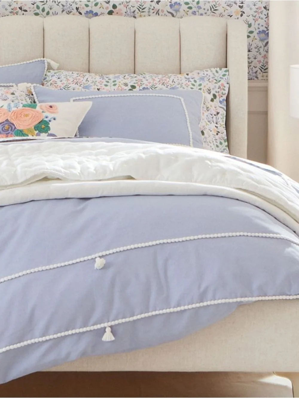 PB Teen, Light Blue Pom-Pom Cotton Queen Duvet Cover and shams - see photos
